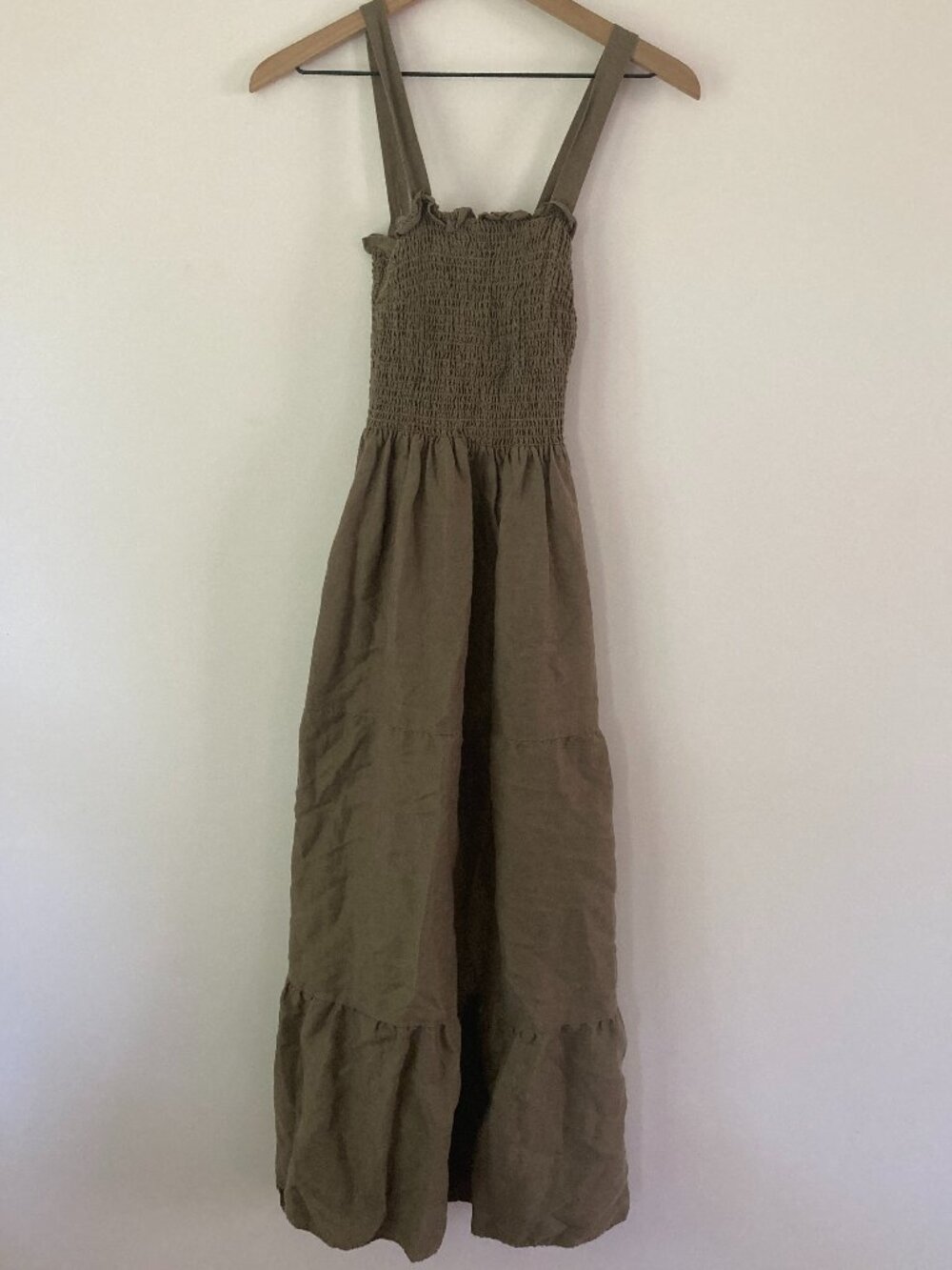 Vetta Smocked Tier Linen Tencel Blend Dress in Olive